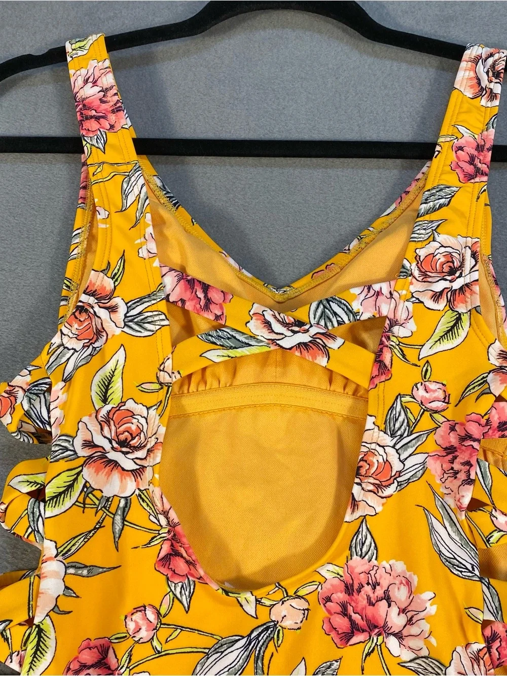 Xhilaration Juniors Yellow & Pink Floral One-Piece Swimsuit w/side crisscross
